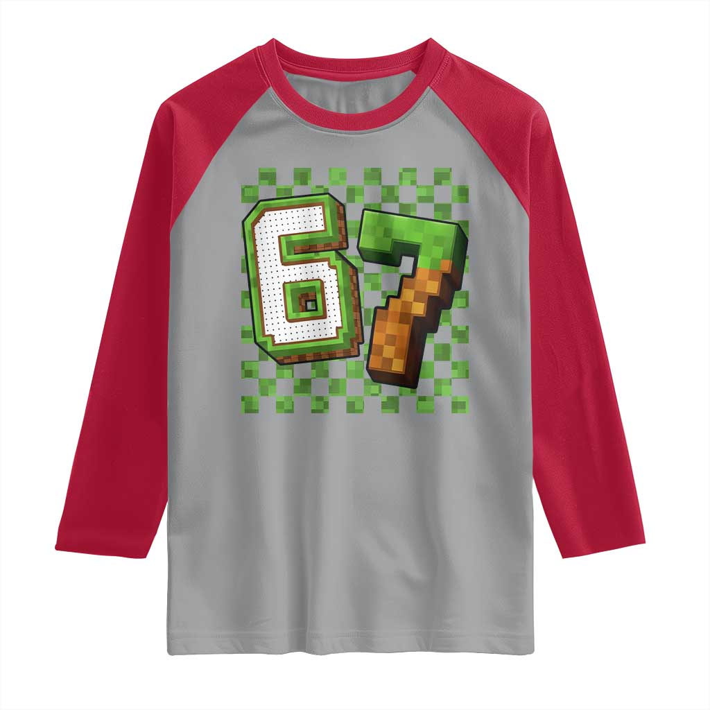 Funny 67 Pixel Style Graphic Raglan Shirt Viral Six Seven Meme Gamer - Wonder Print Shop