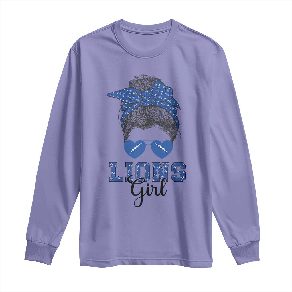 Lions Girl Long Sleeve Shirt Messy Bun Funny Sports Fan Team