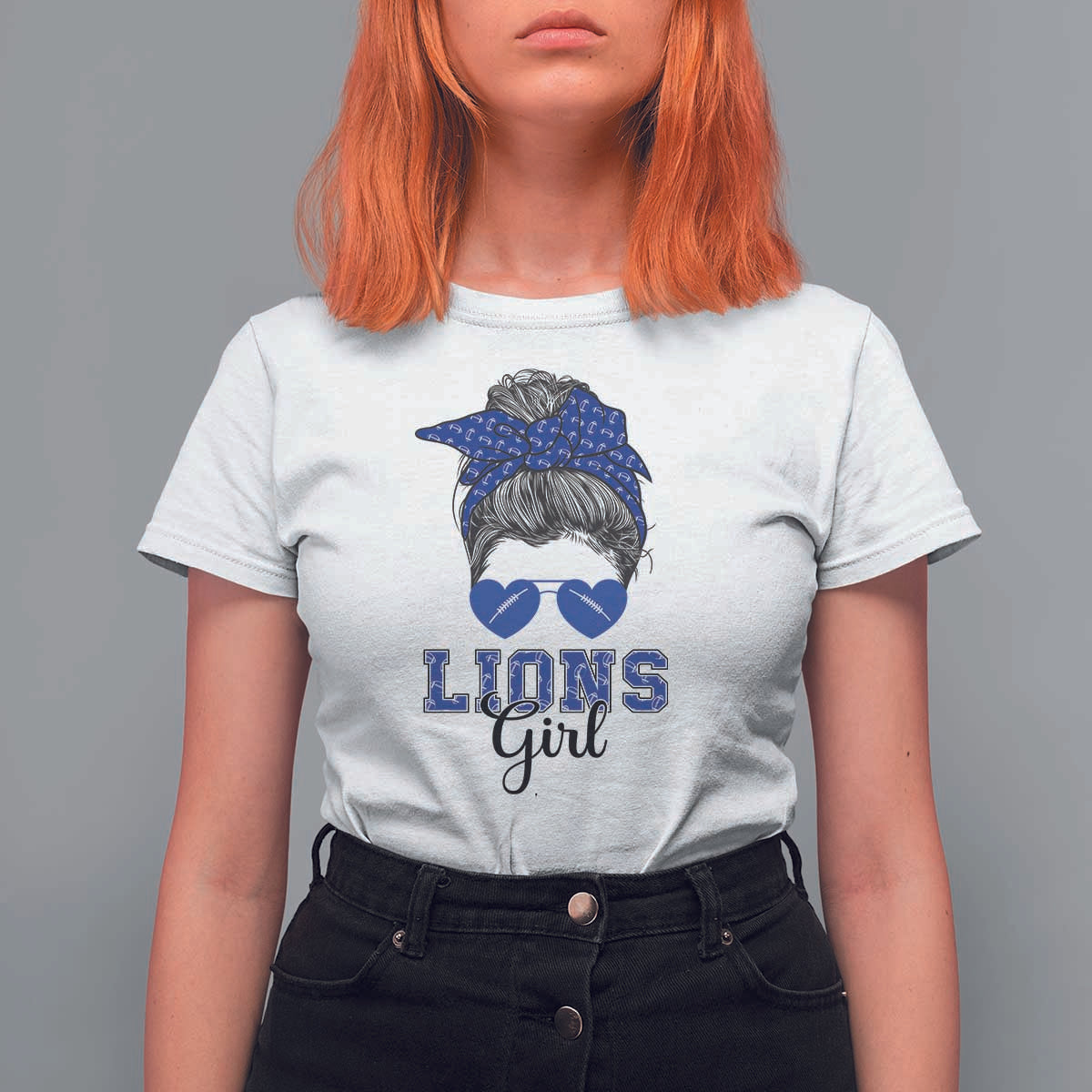 Lions Girl T Shirt For Women Messy Bun Funny Sports Fan Team