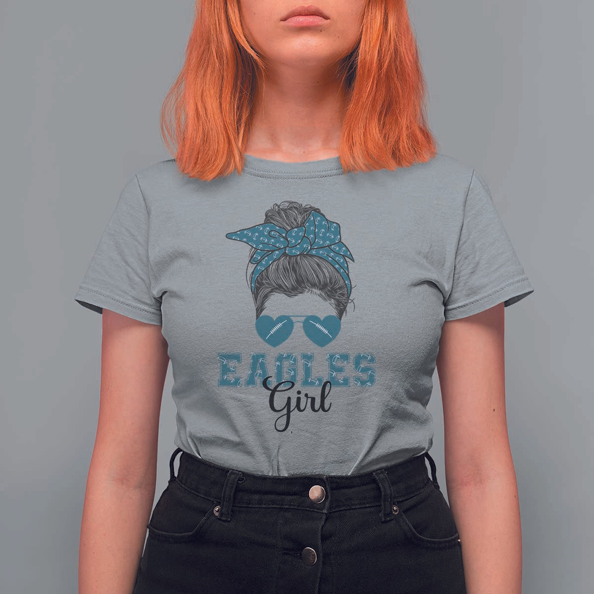 Eagles Girl T Shirt For Women Messy Bun Funny Sports Fan Team