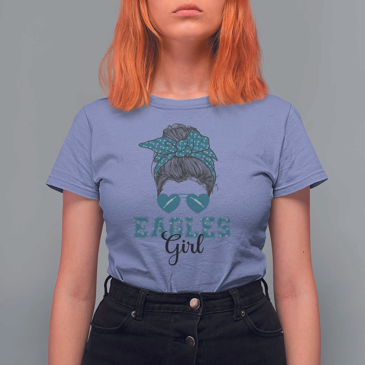 Eagles Girl T Shirt For Women Messy Bun Funny Sports Fan Team