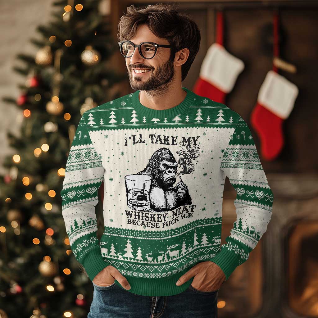 I'll Take My Whiskey Neat Because F Ice Ugly Christmas Sweater Smoking and Drinking Bigfoot Subtle Political Resistance