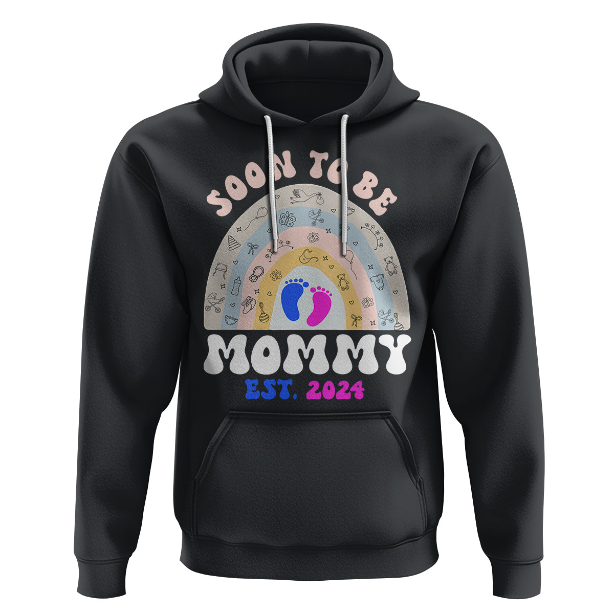 New Mom Hoodie Soon To Be Mommy Est 2024 Blue Pink Baby Feets Rainbow - Wonder Print Shop