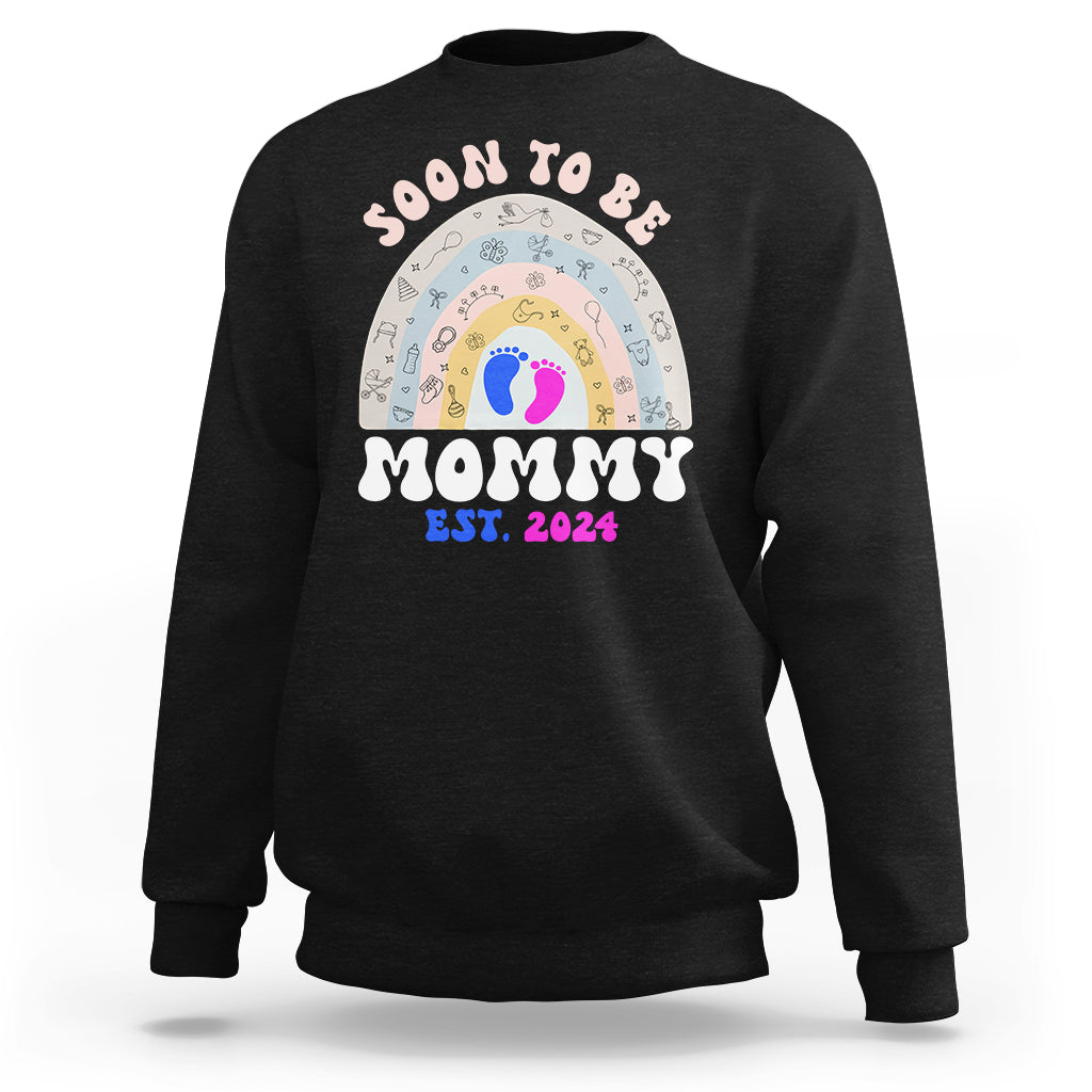 New Mom Sweatshirt Soon To Be Mommy Est 2024 Blue Pink Baby Feets Rainbow - Wonder Print Shop
