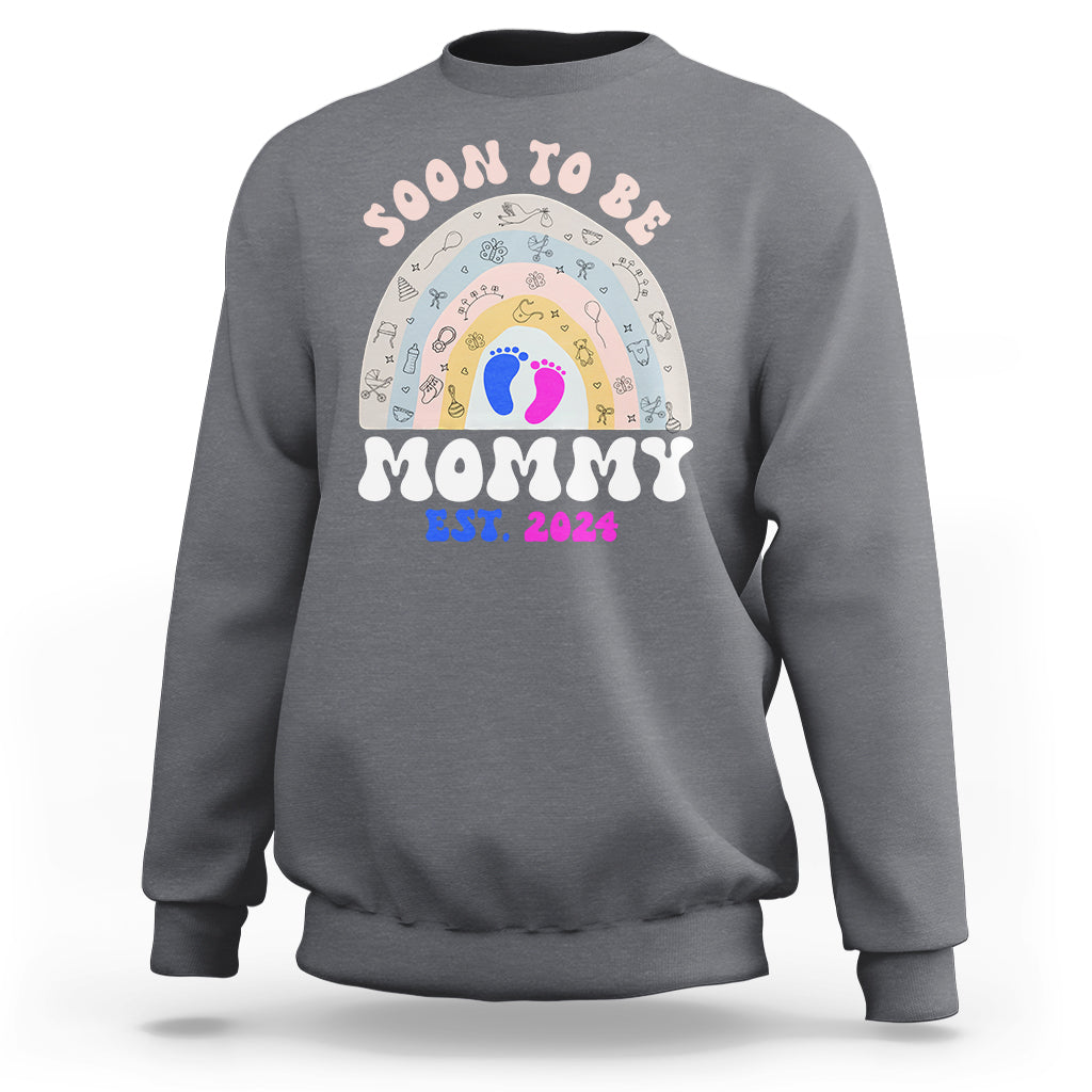 New Mom Sweatshirt Soon To Be Mommy Est 2024 Blue Pink Baby Feets Rainbow - Wonder Print Shop