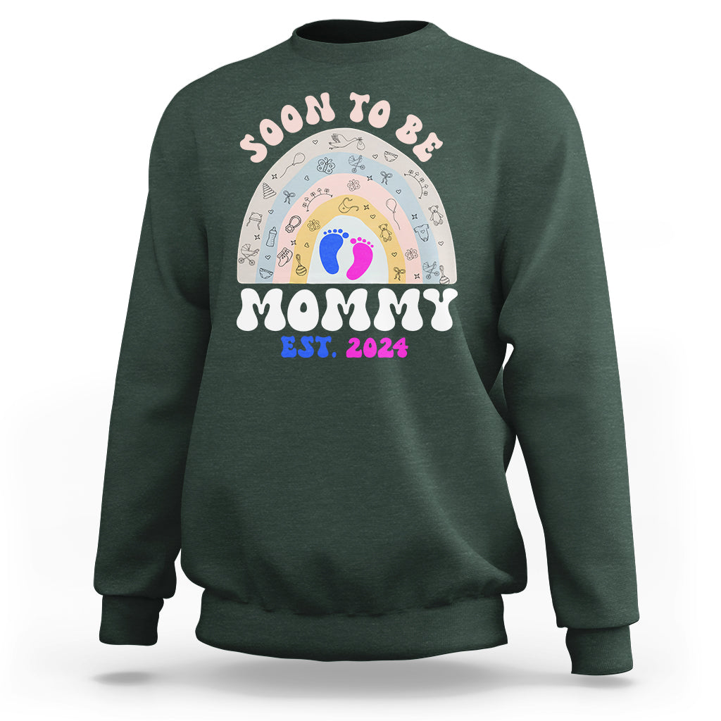 New Mom Sweatshirt Soon To Be Mommy Est 2024 Blue Pink Baby Feets Rainbow - Wonder Print Shop