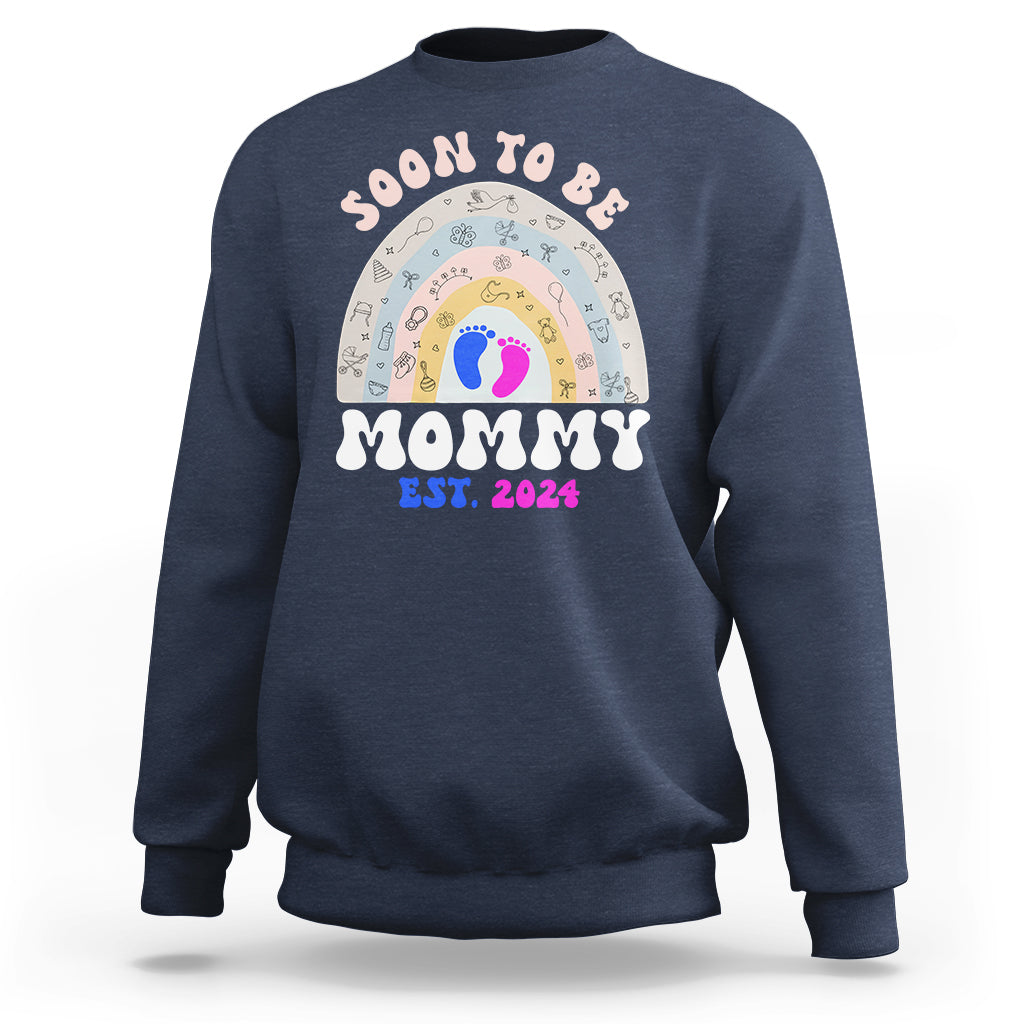 New Mom Sweatshirt Soon To Be Mommy Est 2024 Blue Pink Baby Feets Rainbow - Wonder Print Shop