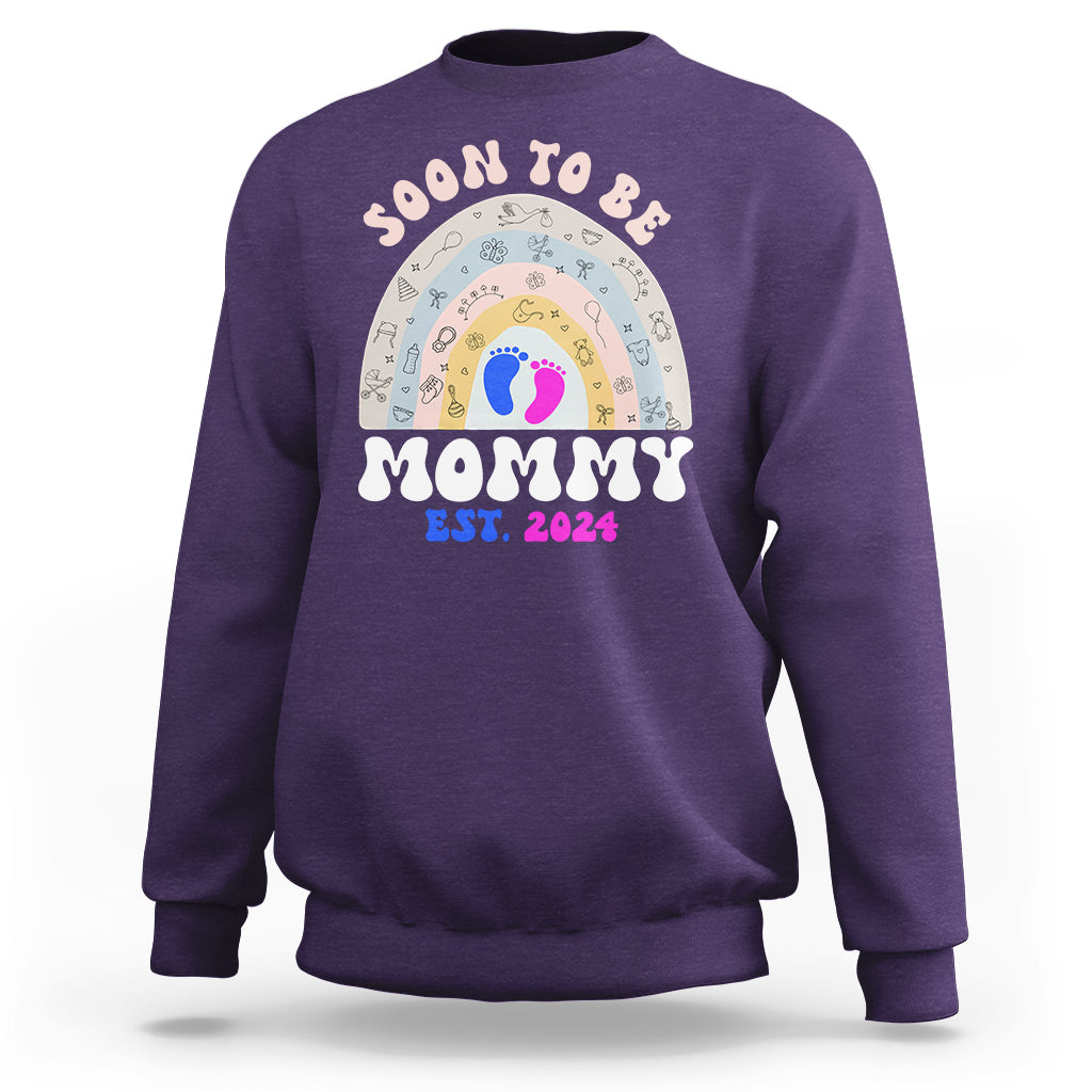 New Mom Sweatshirt Soon To Be Mommy Est 2024 Blue Pink Baby Feets Rainbow - Wonder Print Shop