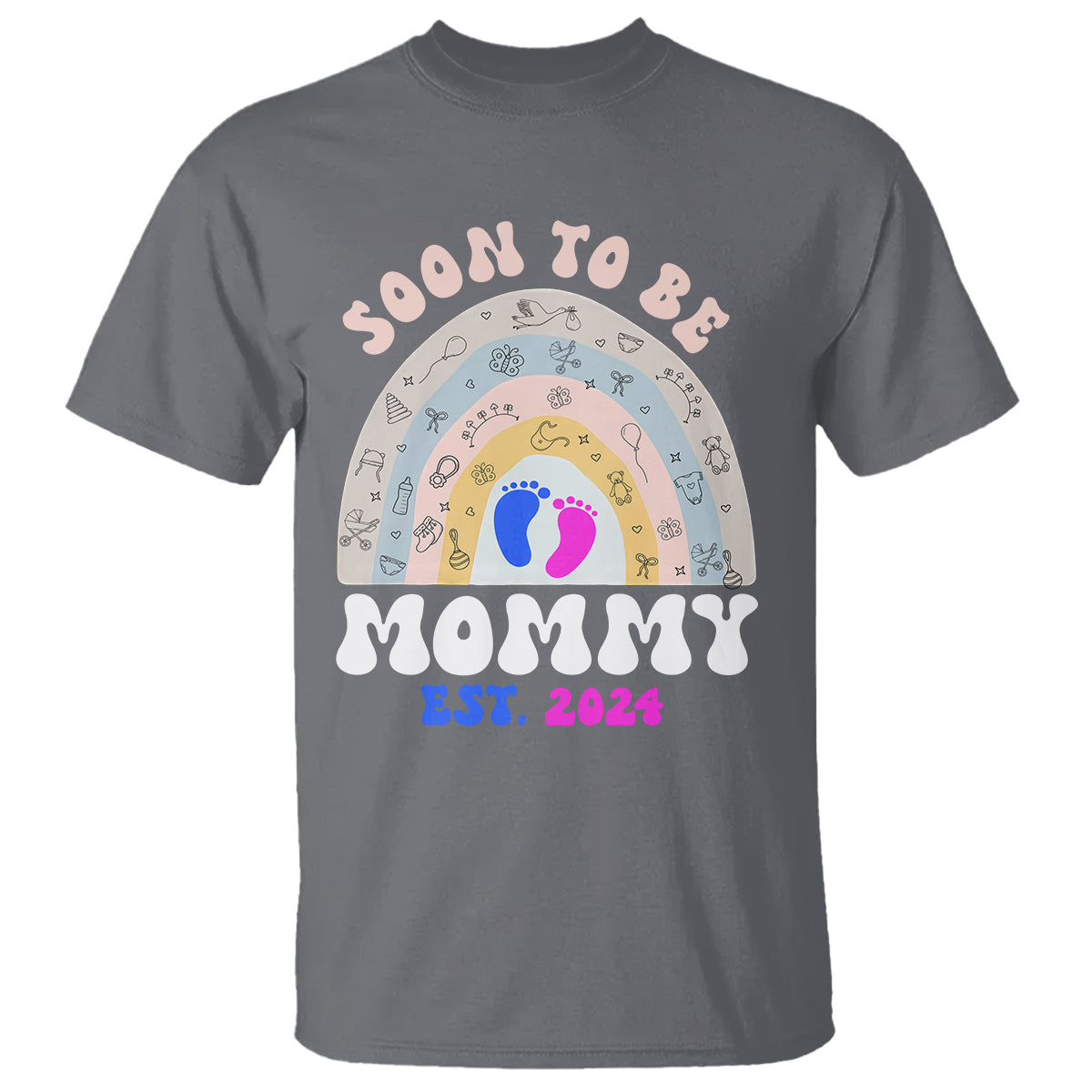 New Mom T Shirt Soon To Be Mommy Est 2024 Blue Pink Baby Feets Rainbow - Wonder Print Shop