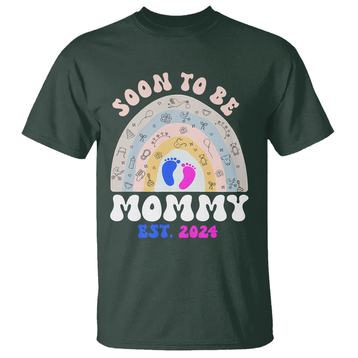 New Mom T Shirt Soon To Be Mommy Est 2024 Blue Pink Baby Feets Rainbow - Wonder Print Shop