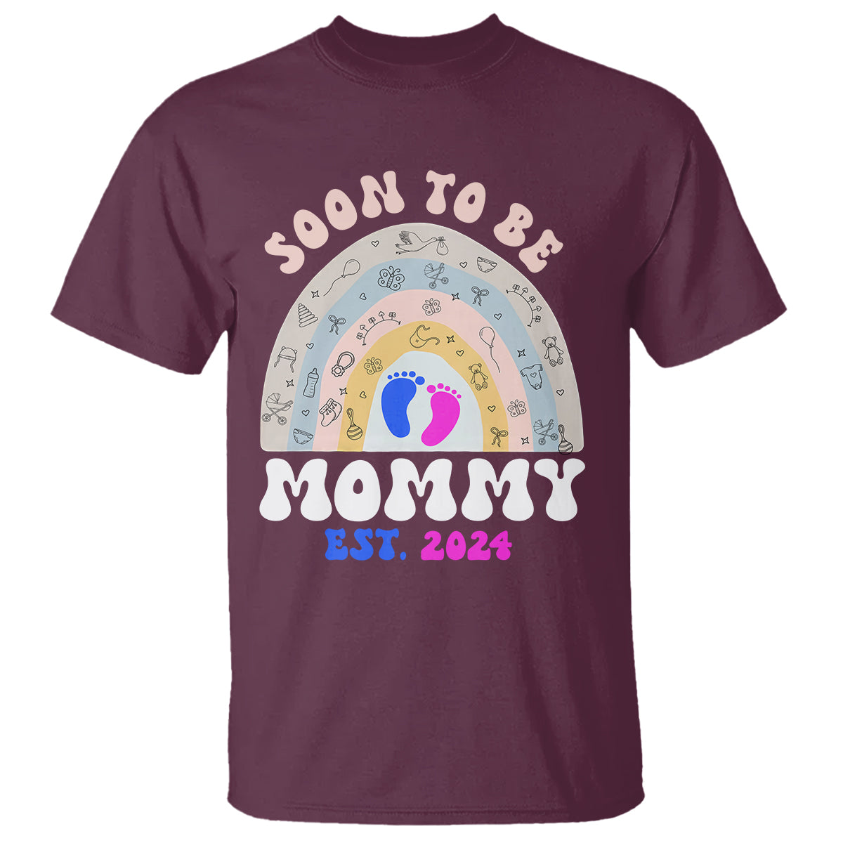 New Mom T Shirt Soon To Be Mommy Est 2024 Blue Pink Baby Feets Rainbow - Wonder Print Shop