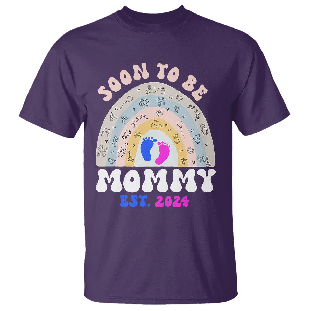 New Mom T Shirt Soon To Be Mommy Est 2024 Blue Pink Baby Feets Rainbow - Wonder Print Shop
