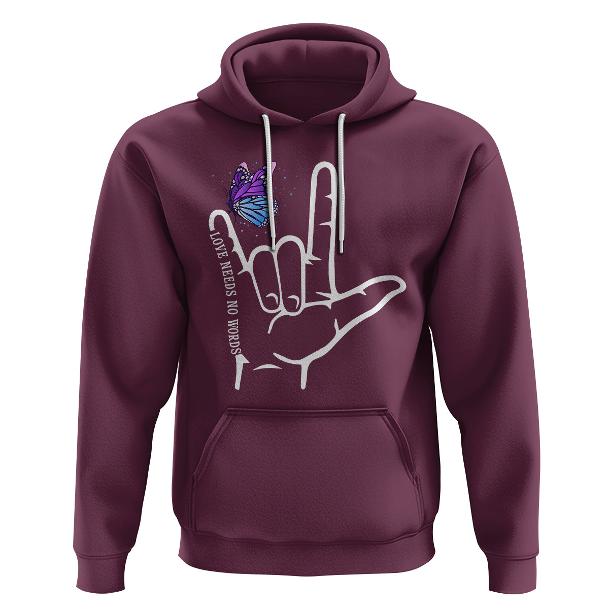 Autism Awareness Hoodie Love Need No Words I Love You Hand Sign Language Butterfly - Wonder Print Shop