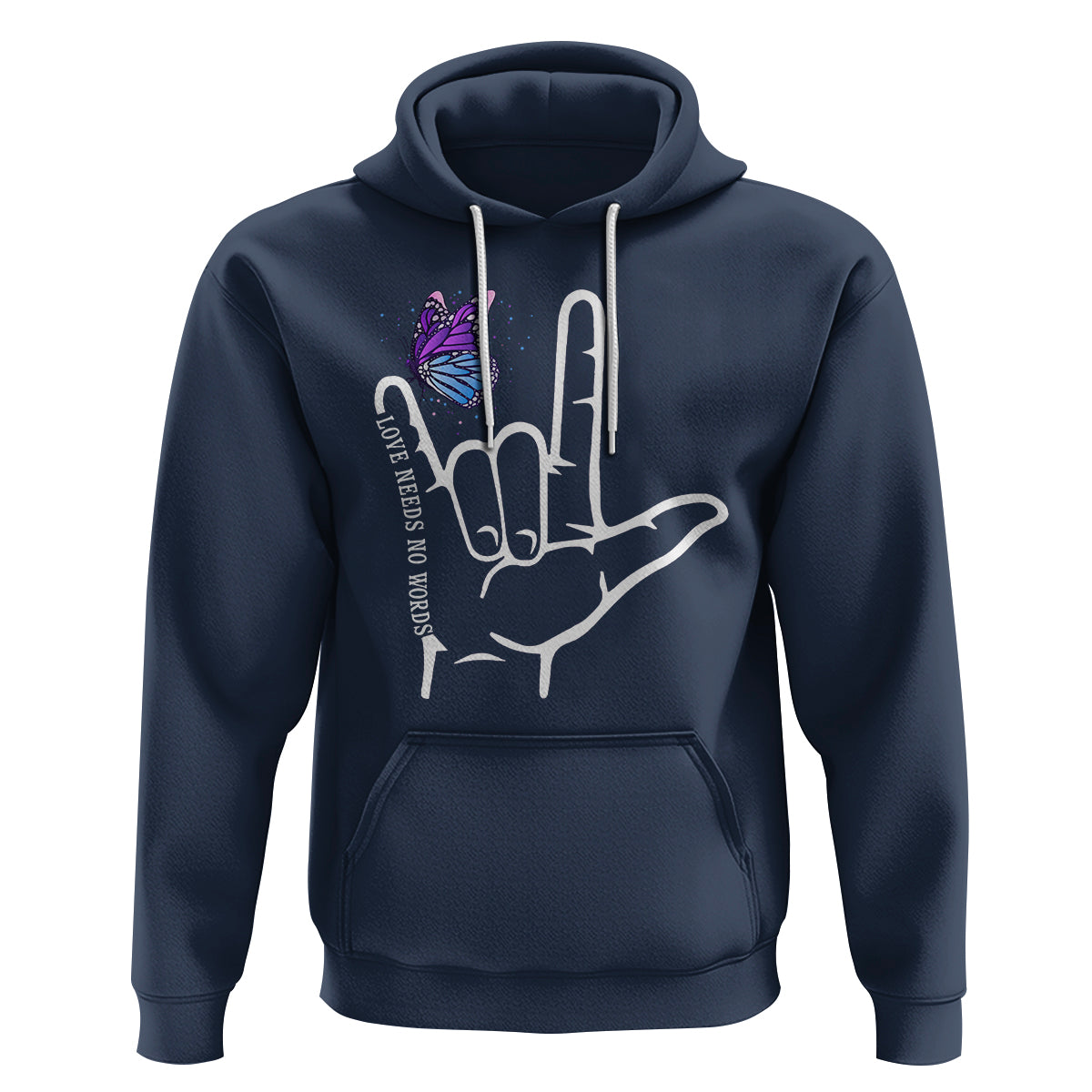 Autism Awareness Hoodie Love Need No Words I Love You Hand Sign Language Butterfly - Wonder Print Shop
