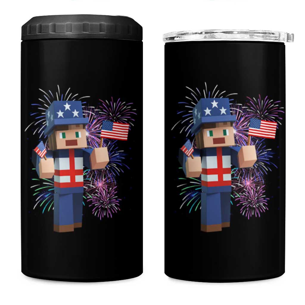 4th of July Gamer 4 in 1 Can Cooler Tumbler Uncle Sam Pixels Gaming Celebrate Independence Day