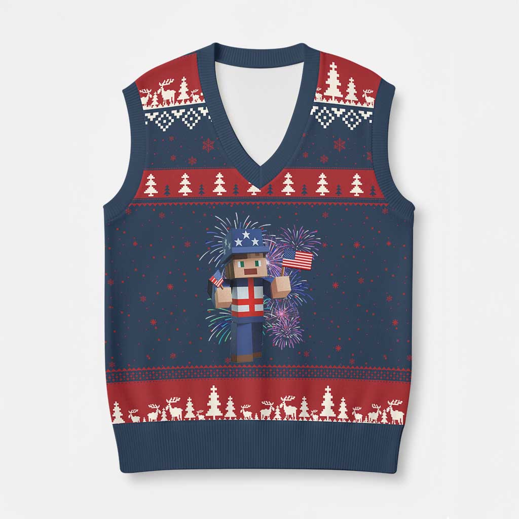 4th of July Gamer V-Neck Knit Sweater Vest Uncle Sam Pixels Gaming Celebrate Independence Day - Wonder Print Shop