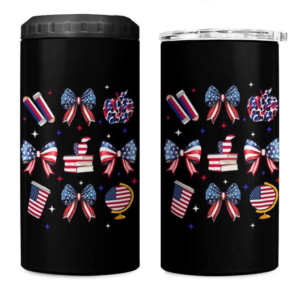 4th of July Teacher Student 4 in 1 Can Cooler Tumbler Patriotic Teaching Learning Retro Coquette