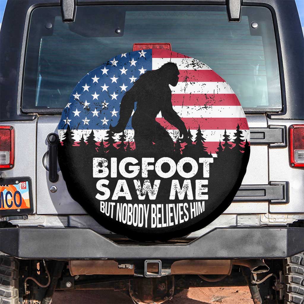 Funny Patriotic Sasquatch Spare Tire Cover Bigfoot Saw Me But Nobody Believes Him American Flag