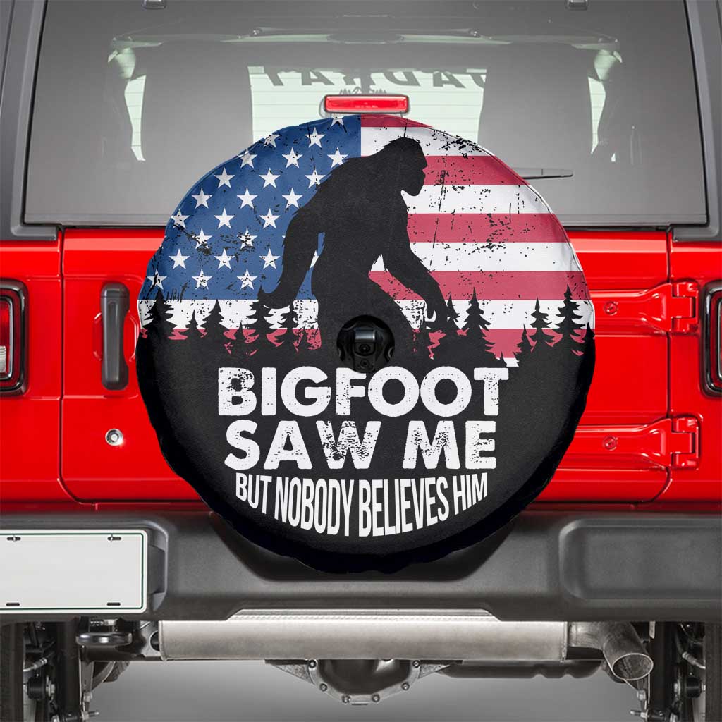 Funny Patriotic Sasquatch Spare Tire Cover Bigfoot Saw Me But Nobody Believes Him American Flag