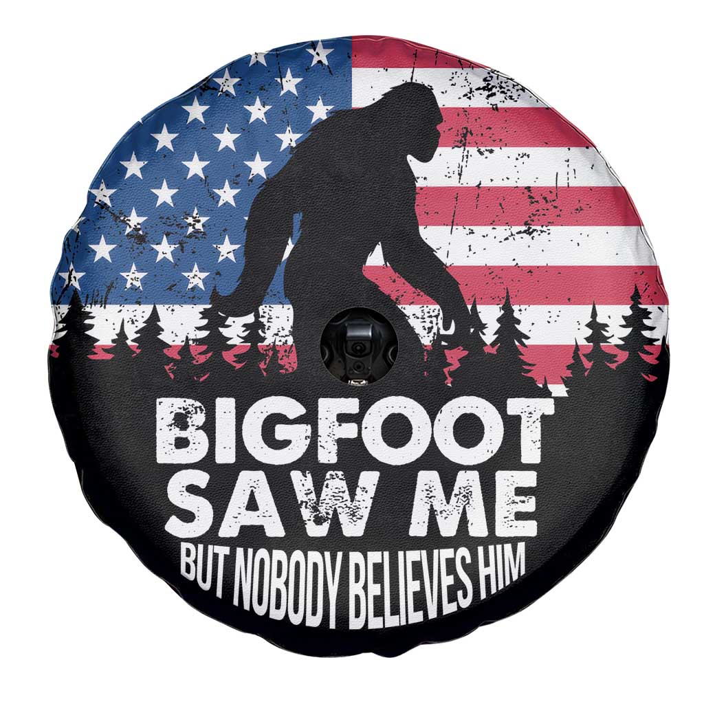 Funny Patriotic Sasquatch Spare Tire Cover Bigfoot Saw Me But Nobody Believes Him American Flag