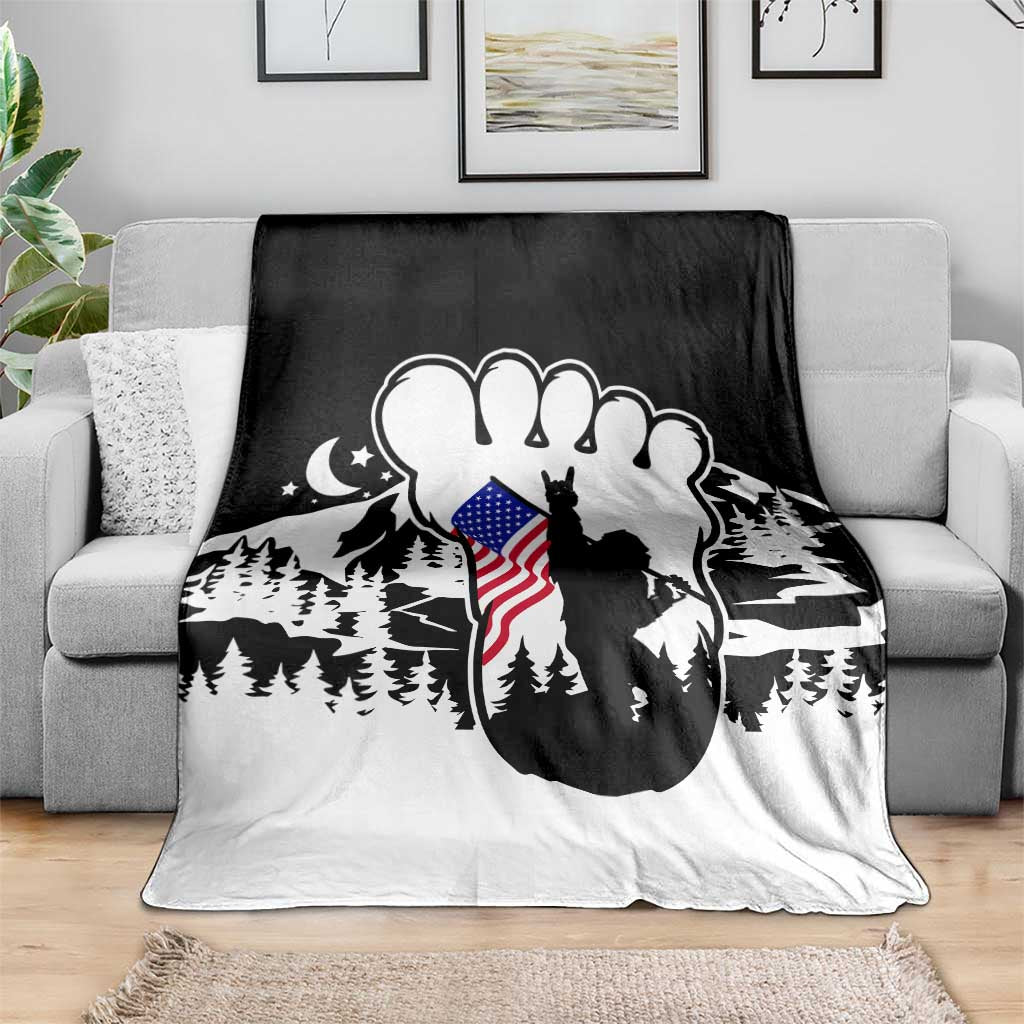 Patriotic Bigfoot Throw Blanket Rocking On Sasquatch Footprint With American Flag