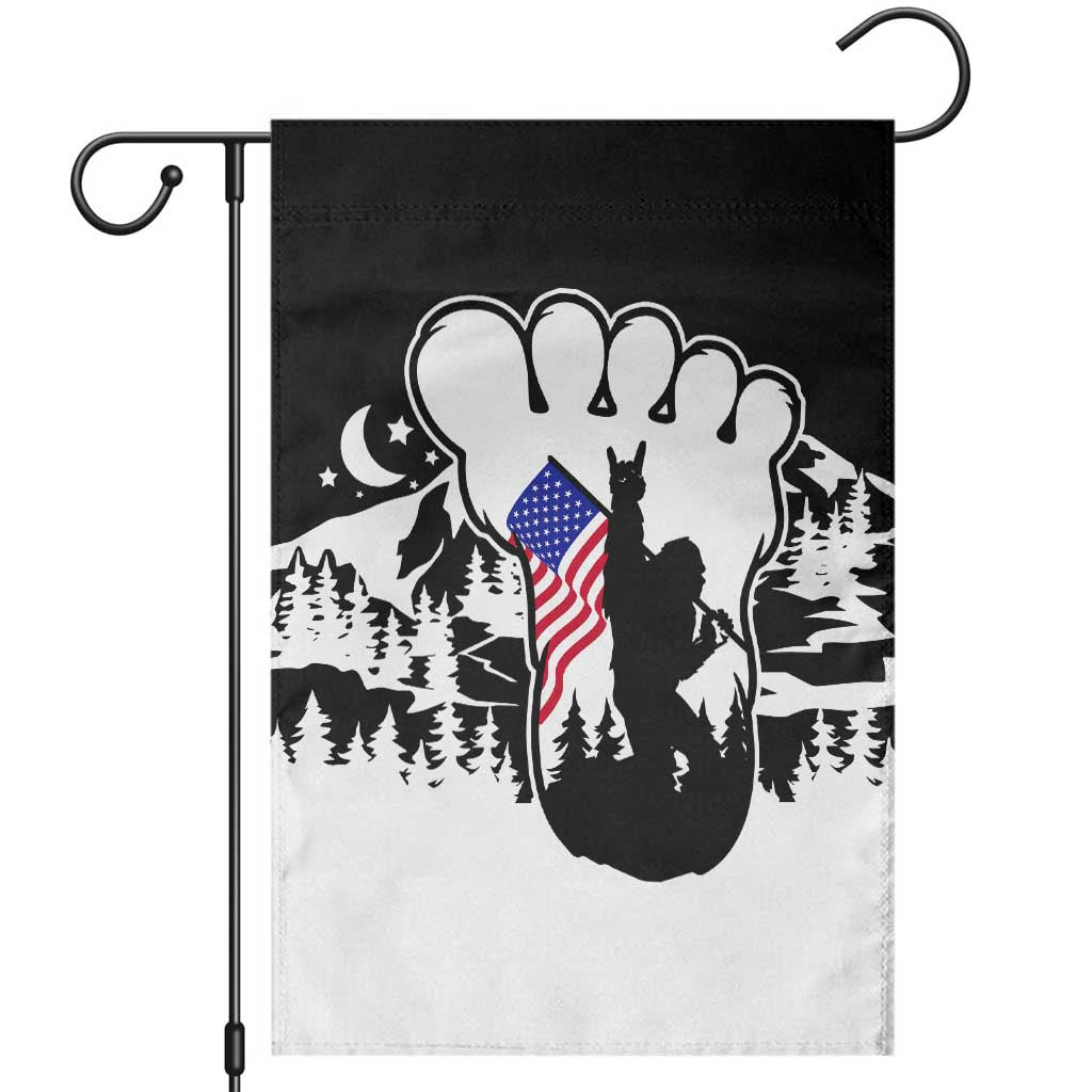 Patriotic Bigfoot Garden Flag Rocking On Sasquatch Footprint With American Flag
