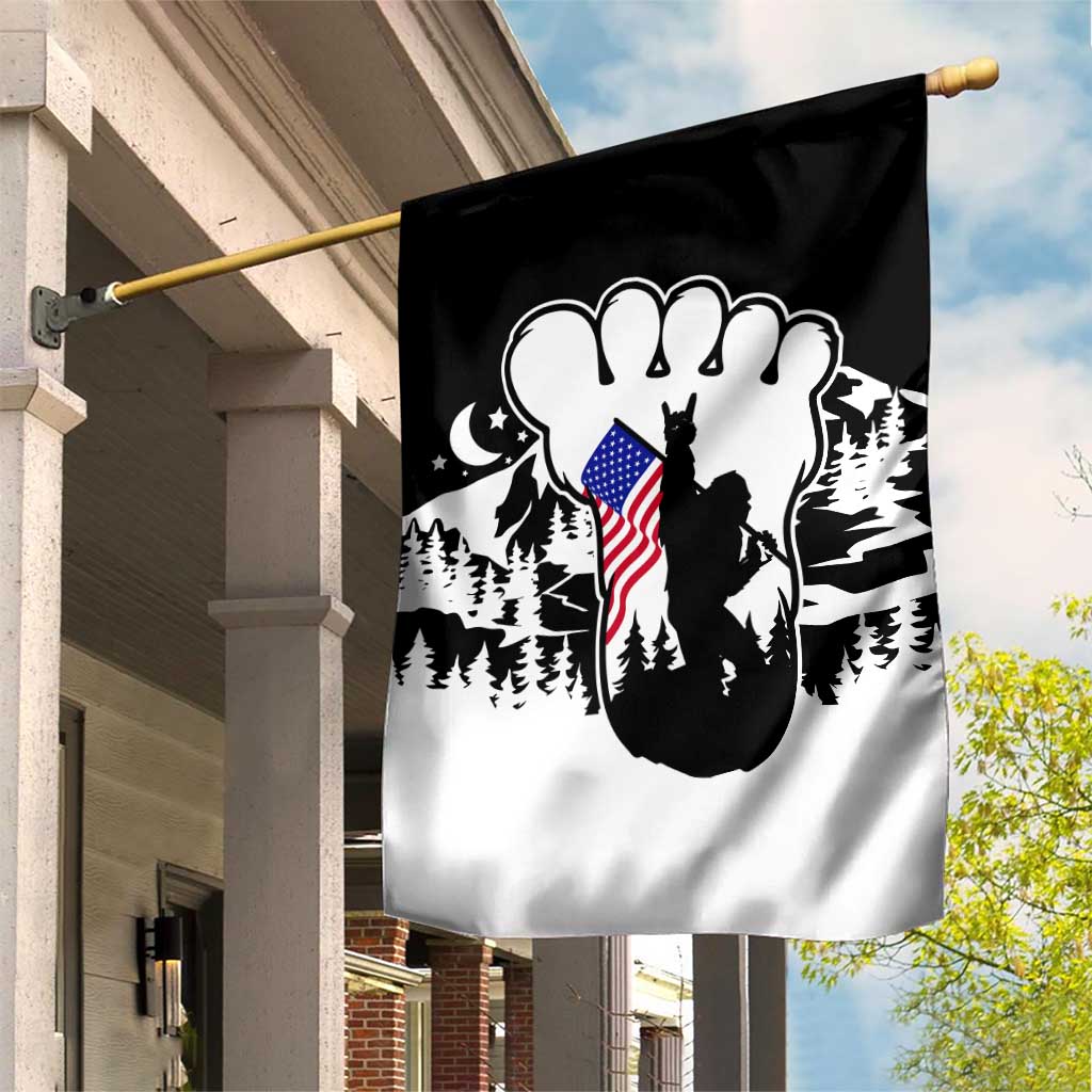 Patriotic Bigfoot Garden Flag Rocking On Sasquatch Footprint With American Flag