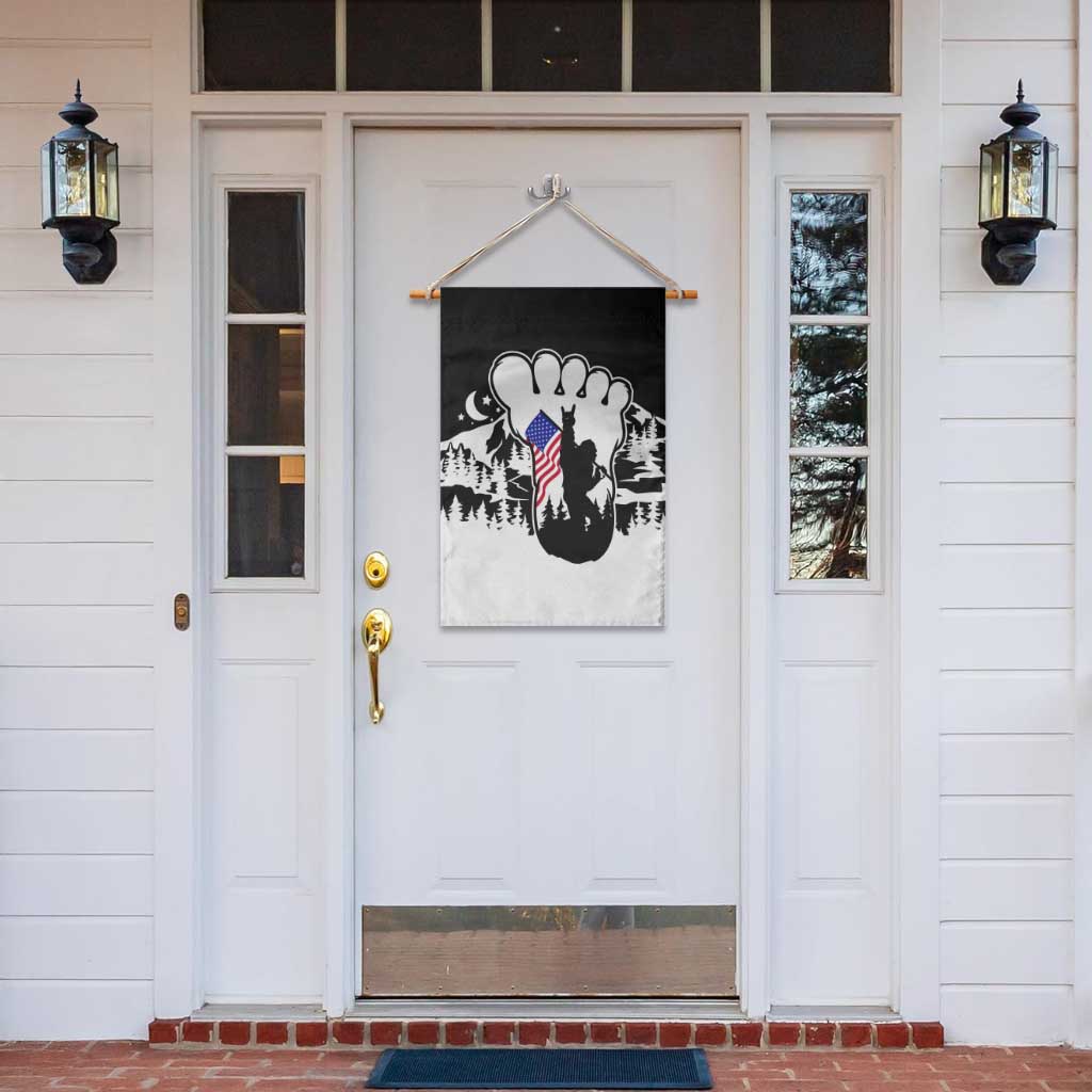Patriotic Bigfoot Garden Flag Rocking On Sasquatch Footprint With American Flag