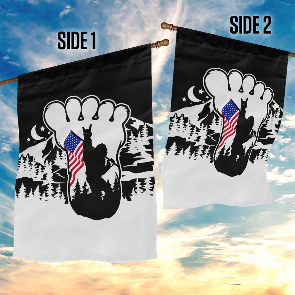 Patriotic Bigfoot Garden Flag Rocking On Sasquatch Footprint With American Flag