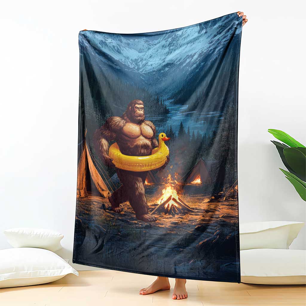Funny Bigfoot with Duck Floatie Throw Blanket Sasquatch Camping Night