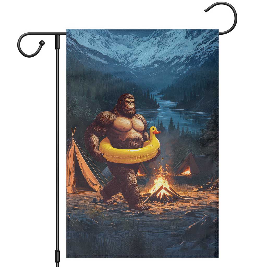 Funny Bigfoot with Duck Floatie Garden Flag Sasquatch Camping Night