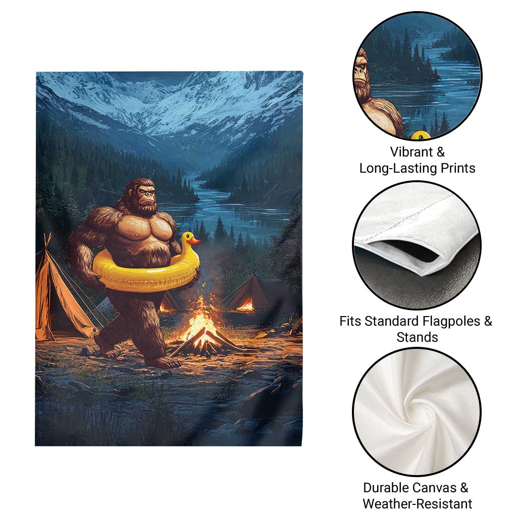Funny Bigfoot with Duck Floatie Garden Flag Sasquatch Camping Night