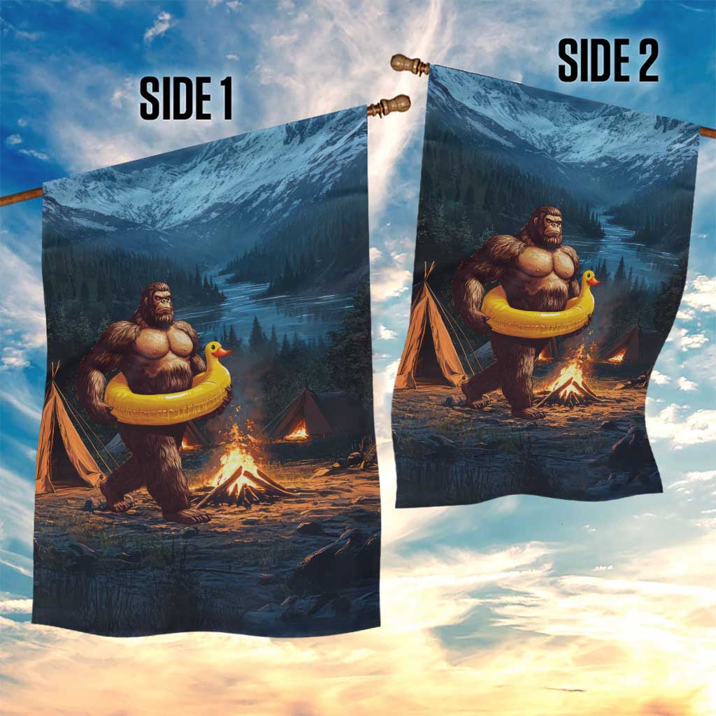 Funny Bigfoot with Duck Floatie Garden Flag Sasquatch Camping Night
