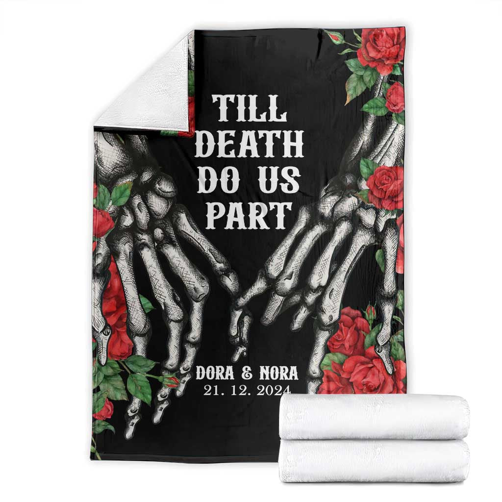 Personalized Roses Skeleton Couple Throw Blanket Custome Name and Date Till Death Do Us Apart