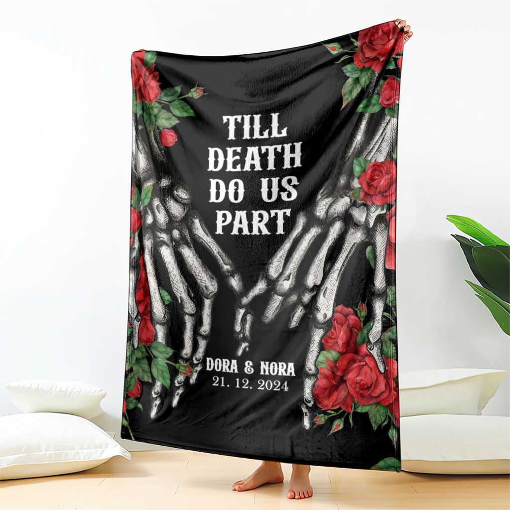 Personalized Roses Skeleton Couple Throw Blanket Custome Name and Date Till Death Do Us Apart