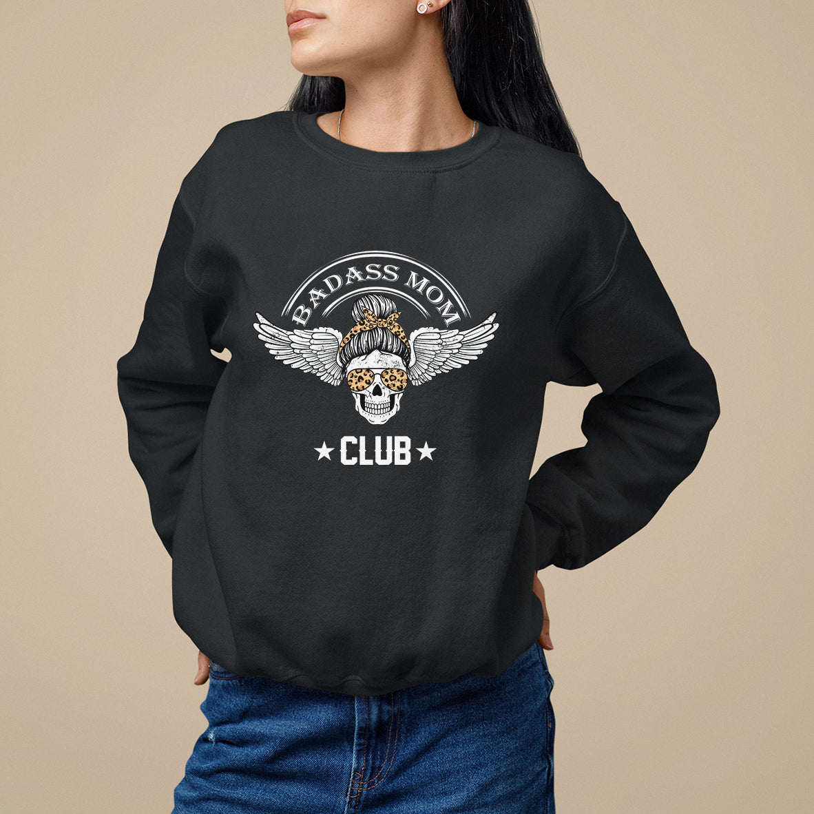 Mother's Day Sweatshirt Cool Moms Badass Mom Club Funny Messy Bun Skull Mom Life Gag Gifts For Mom, Mother's Day Gifts, Women - Wonder Print Shop