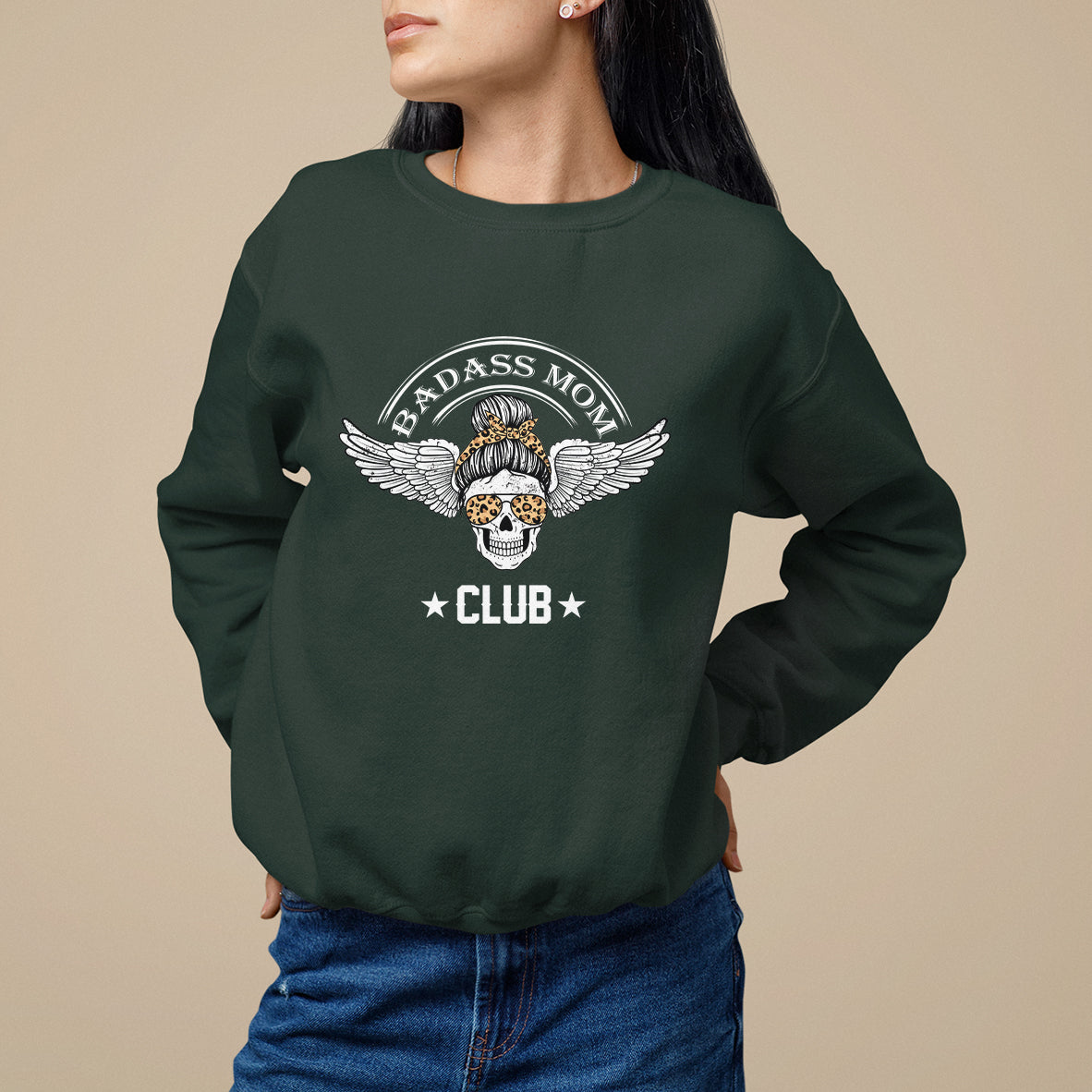 Mother's Day Sweatshirt Cool Moms Badass Mom Club Funny Messy Bun Skull Mom Life Gag Gifts For Mom, Mother's Day Gifts, Women - Wonder Print Shop