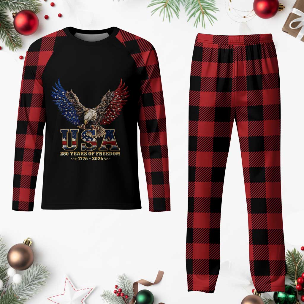 250 Years USA Majestic Bald Eagle Plaid Pajama Set American Flag Wings Patriotic Semiquincentennial 250th Anniversary