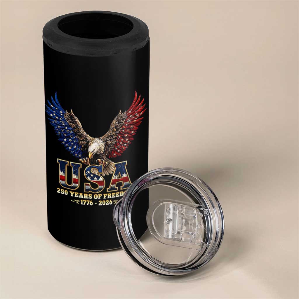 250 Years USA Majestic Bald Eagle 4 in 1 Can Cooler Tumbler American Flag Wings Patriotic Semiquincentennial 250th Anniversary