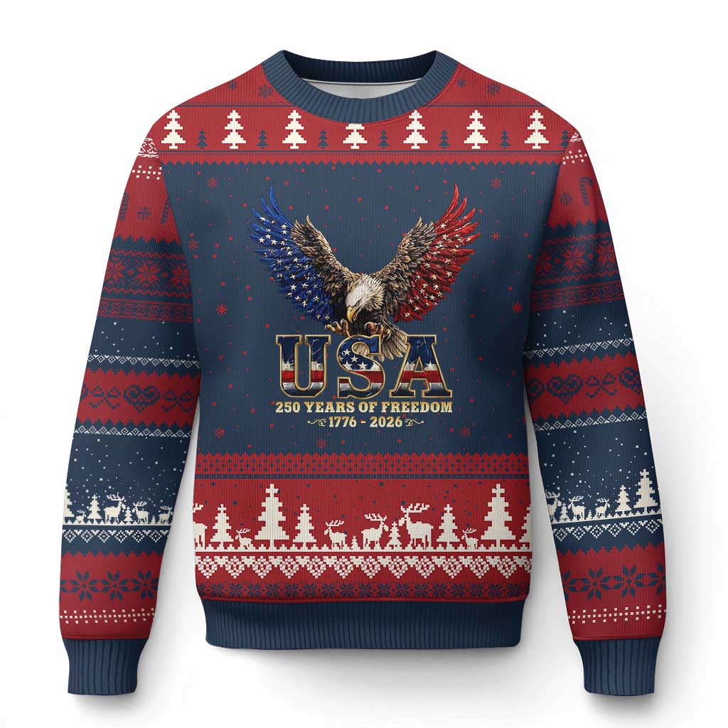 250 Years USA Majestic Bald Eagle Ugly Christmas Sweater American Flag Wings Patriotic Semiquincentennial 250th Anniversary
