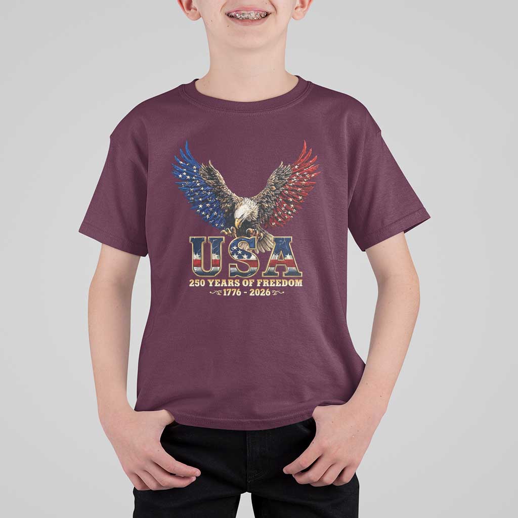250 Years USA Majestic Bald Eagle T Shirt For Kid American Flag Wings Patriotic Semiquincentennial 250th Anniversary