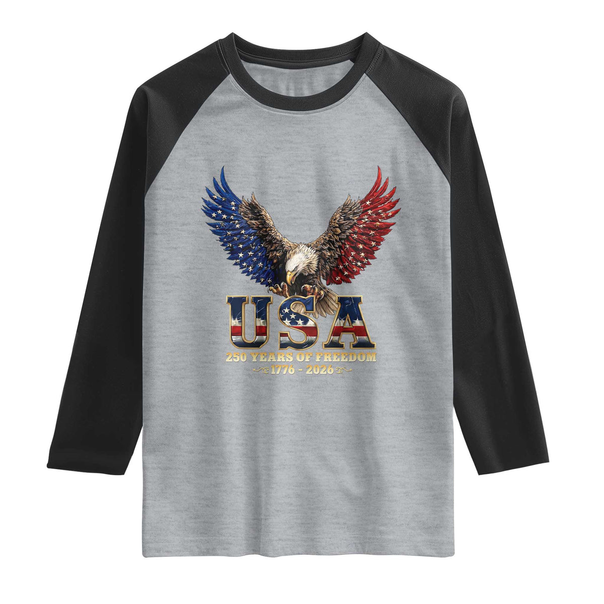 250 Years USA Majestic Bald Eagle Raglan Shirt American Flag Wings Patriotic Semiquincentennial 250th Anniversary