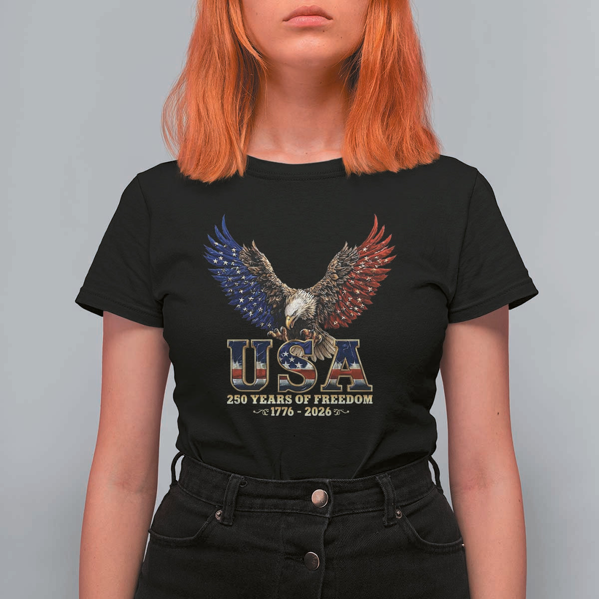 250 Years USA Majestic Bald Eagle T Shirt For Women American Flag Wings Patriotic Semiquincentennial 250th Anniversary
