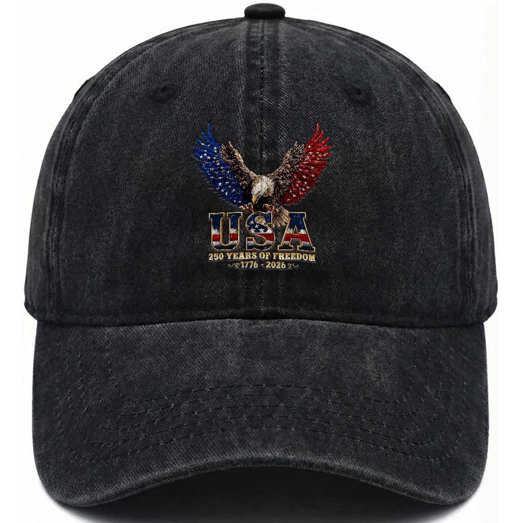 250 Years USA Majestic Bald Eagle Washed Cotton Baseball Cap American Flag Wings Patriotic Semiquincentennial 250th Anniversary