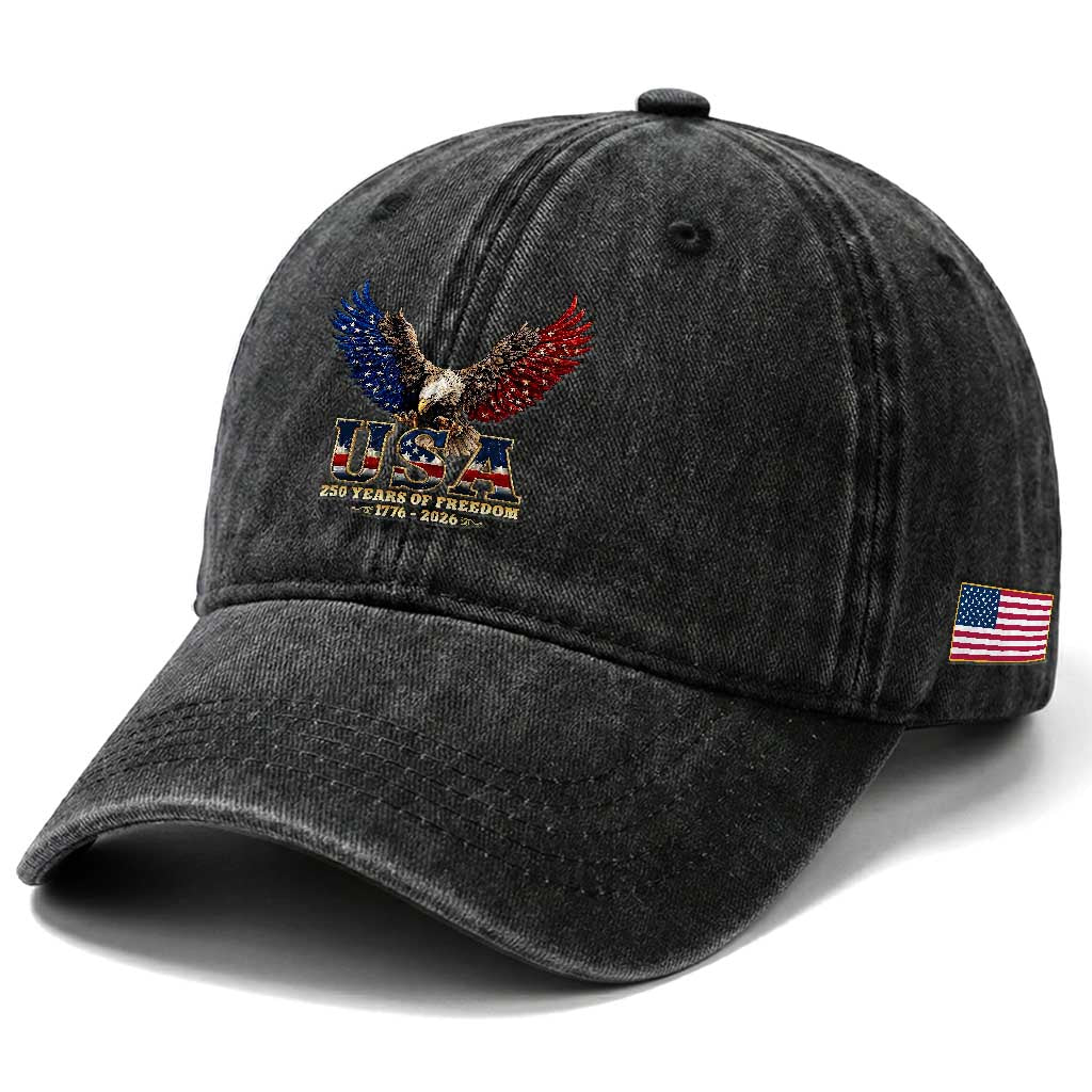 250 Years USA Majestic Bald Eagle Washed Cotton Baseball Cap American Flag Wings Patriotic Semiquincentennial 250th Anniversary