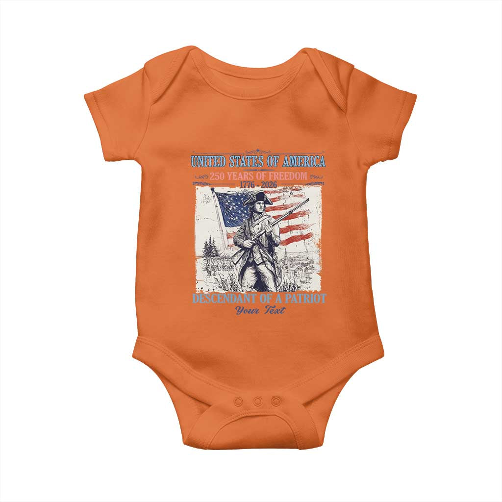 Custom Name Descendant of a Patriot USA 250 Years of Freedom Personalized Baby Onesie 1776-2026 Revolutionary War Heritage