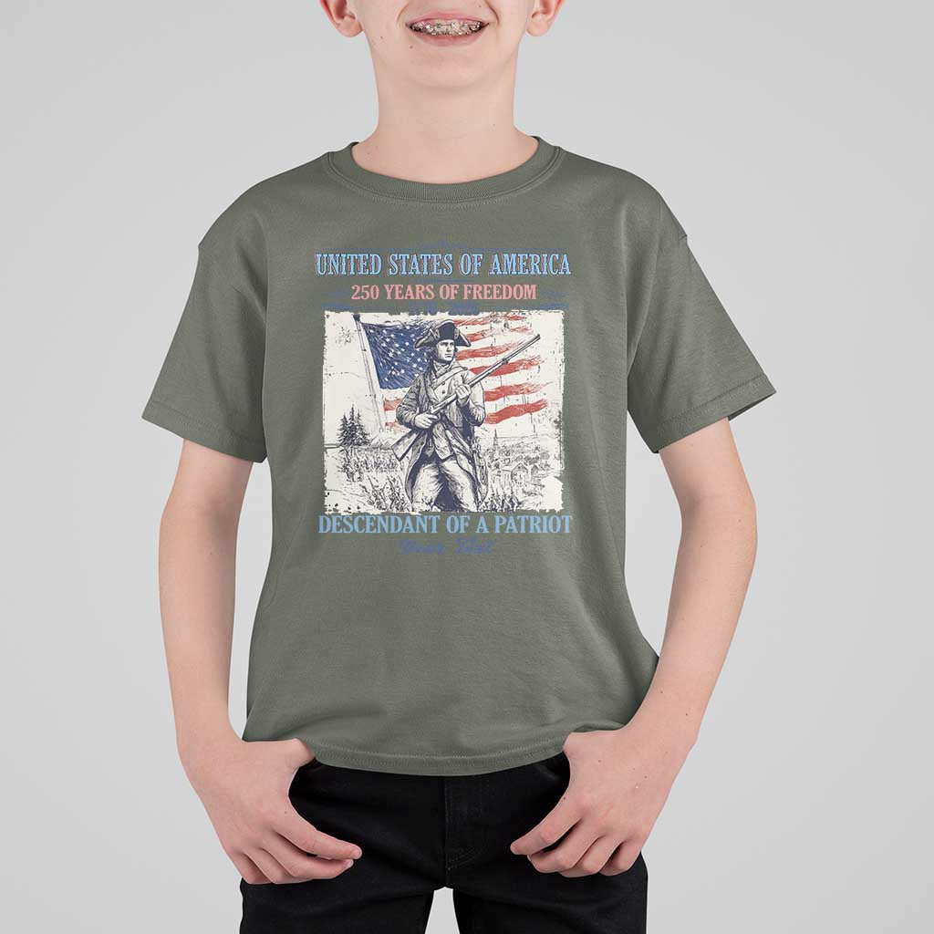 Custom Name Descendant of a Patriot USA 250 Years of Freedom Personalized T Shirt For Kid 1776-2026 Revolutionary War Heritage