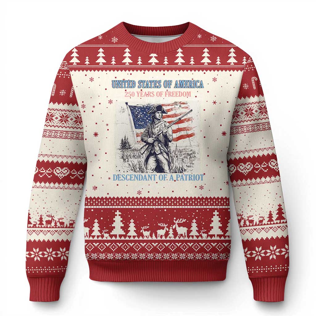 Custom Name Descendant of a Patriot USA 250 Years of Freedom Personalized Ugly Christmas Sweater 1776-2026 Revolutionary War Heritage