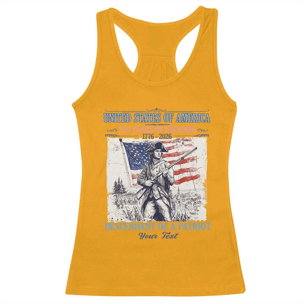 Custom Name Descendant of a Patriot USA 250 Years of Freedom Personalized Racerback Tank Top 1776-2026 Revolutionary War Heritage