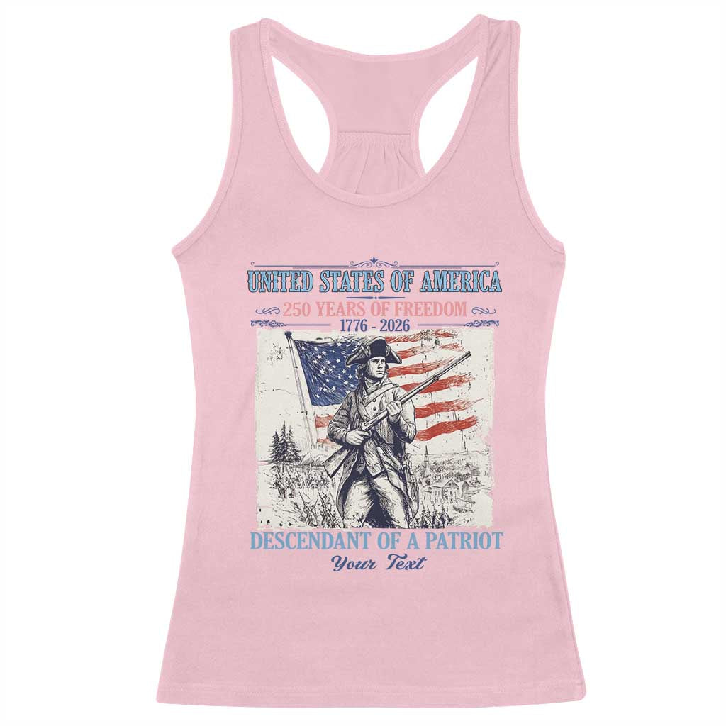 Custom Name Descendant of a Patriot USA 250 Years of Freedom Personalized Racerback Tank Top 1776-2026 Revolutionary War Heritage